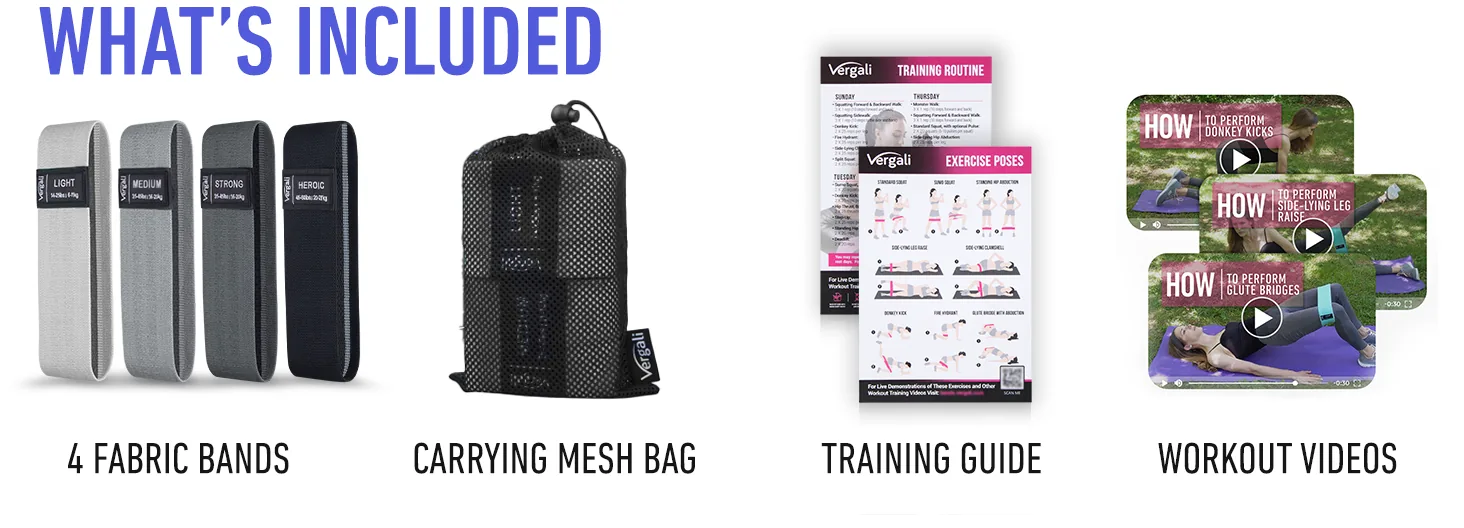 What is in the box: four fabric bands, a carrying mesh bag and a training guide, plus the workout videos on this site