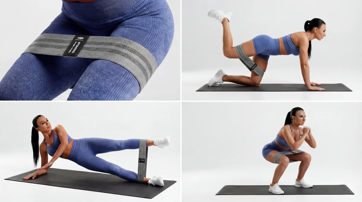 Four exercises with a fabric band: the band above the knees, a donkey kick, a side-lying leg raise and a squat