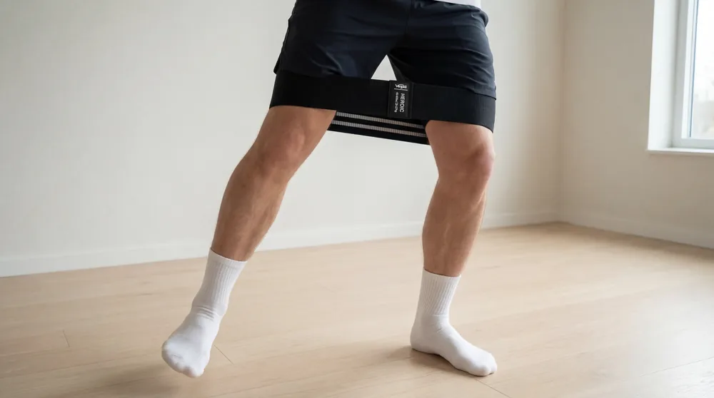 Standing with the band above the knees and the feet apart so the band is under light tension