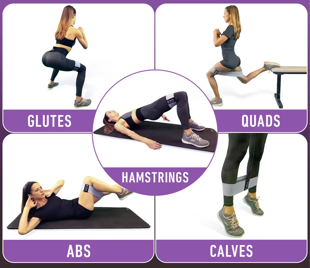 Five exercise positions with a band above the knees, labelled with the muscles each one works: glutes, quads, hamstrings, abs and calves