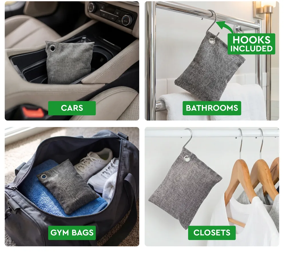 Charcoal bags in use: in a car cup holder, hanging in a bathroom, in a gym bag and hanging in a closet