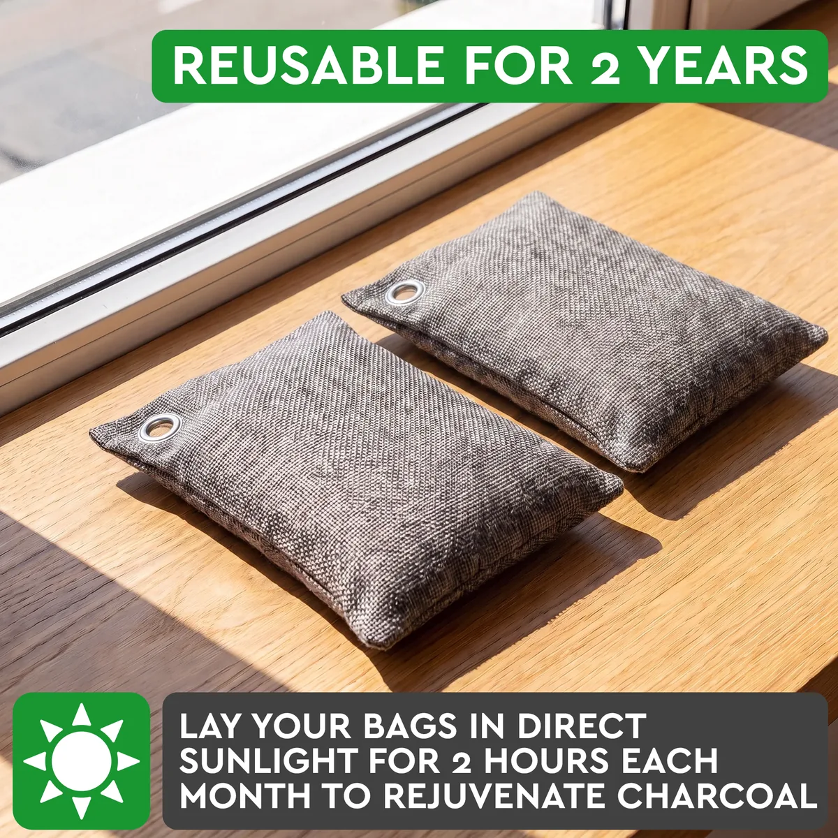 Vergali bamboo charcoal bags recharging in sunlight on a windowsill