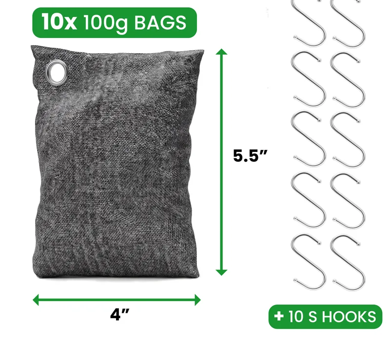 A 3.5 oz (100 g) charcoal bag, 4 inches wide and 5.5 inches tall, with S-hooks