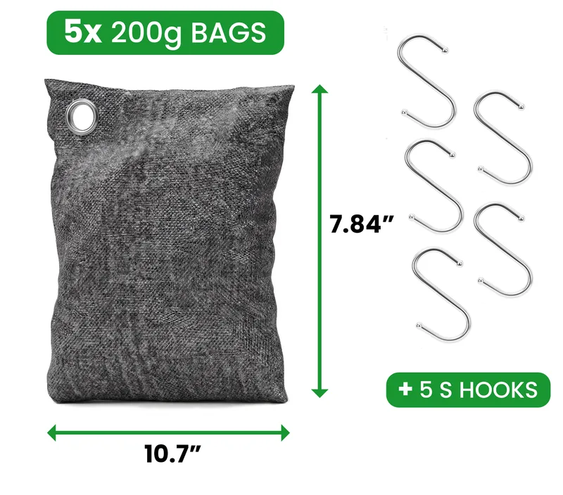 A 7 oz (200 g) charcoal bag, 10.7 inches wide and 7.84 inches tall, with S-hooks