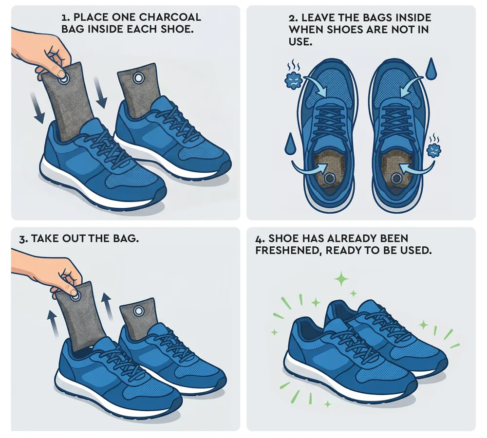 Four drawings: place one charcoal bag inside each shoe, leave the bags in while the shoes are not in use, take out the bag, the shoe is ready to wear