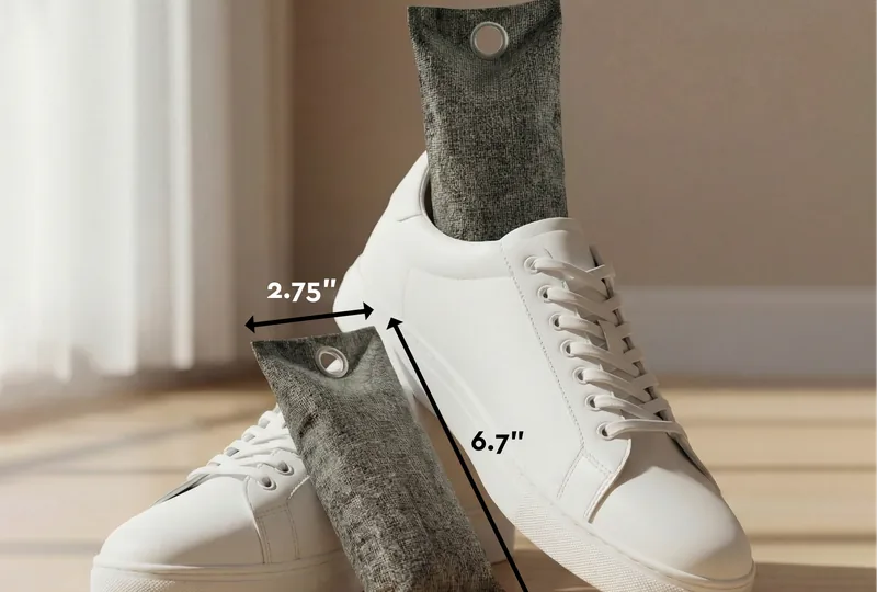 A slim shoe bag, 2.75 inches wide and 6.7 inches long, standing in a sneaker